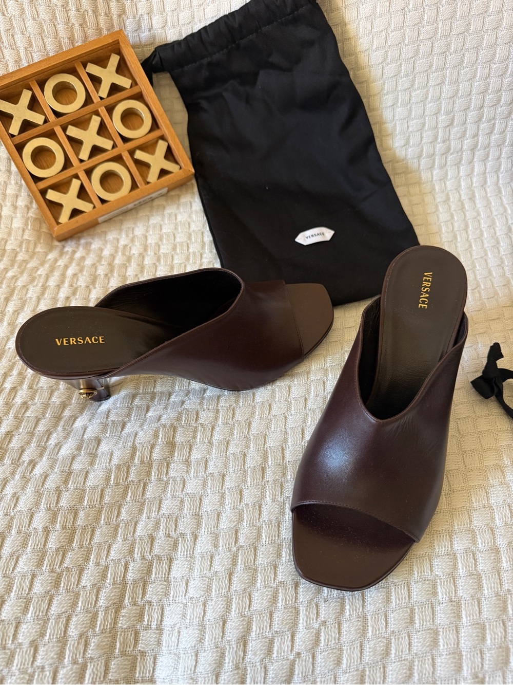 Versace Women's Dark Brown Leather Open-Toe Mule Heels